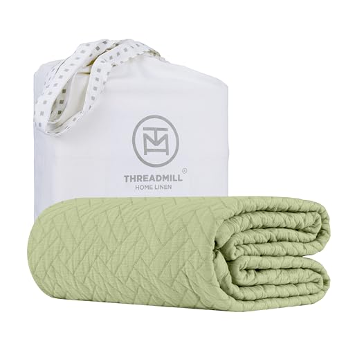 Threadmill Luxury Cotton Blankets for Twin Size Bed | All-Season 100% Cotton Twin Blanket for Bed | Criss Cross Jacquard Lightweight, Soft & Cozy Coverlet, 350GSM, 68 x 90 inches | Sage Green