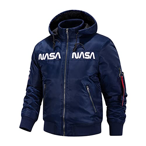 CORIRESHA Winter Men's NASA Bomber Jacket Stand-Up Collar Hooded Thickened Embroidered Zipper-Up Jacket