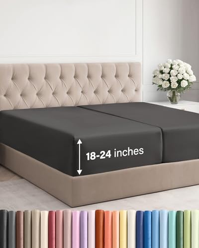 Image of Extra Deep Split King Fitted Sheet - Single Fitted Sheet Only - Charcoal | Easily Fits 18 inch to 24 inch Mattress, Soft, Wrinkle Free, Breathable & Comfy, Extra Deep Pockets Hotel Luxury Fitted Sheet