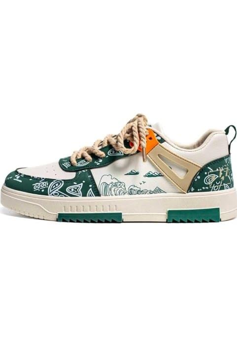 Image of azalya Artistic Wave Print Sneakers, Black and White, Platform Style with Orange Accents Korean Retro Style Comfortable Printed Sneaker Shoes for Men.