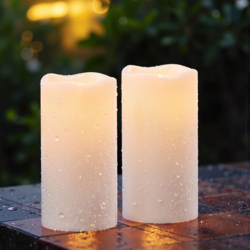 Image of GenSwin Waterproof Outdoor Flameless Candles Battery Operated with Remote Timer, 4 inch x 8 inch Large LED Pillar Candles Flickering for Indoor Outdoor Lanterns, Long-Lasting, Waterproof (White, Set of 2)