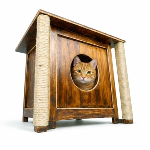 Nicho Casinha Multifuncional para Gatos em Madeira Pinus - Arranhador Duplo de Sisal e Prateleira