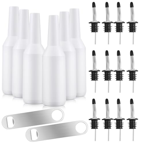Lounsweer 6 Sets Bartender Practice Bottle with 12 Stainless Pourers, 25 Oz/ 750 ml Bartender Kits Performance Bottle Training Bar Liquor White Decorative Shaker for Bar Pub Wine Cocktail