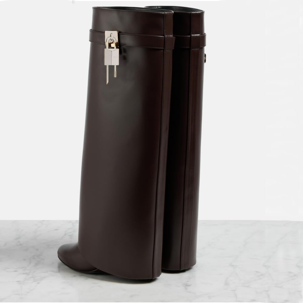 keleimusi Fold Over Wedge Boots Heeled PadLock Pant Knee High Shoes Tall/Short Booties in Black - Image 5