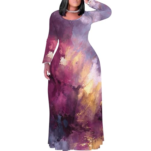 Image of PinkPatty Plus Size Maxi Dress for Curvy Women Crew Neck Long Sleeves Casual Dress Vacation Sundresses with Pockets