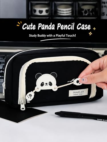 Image of Invite Enterprise Canvas Panda Themed Pencil Case With Super Large Capacity Cute Pencil Box - Aesthetic School Supplies Big Stationery Bag Zipper Pencil Pouch For Girls & Boys (Black Color)