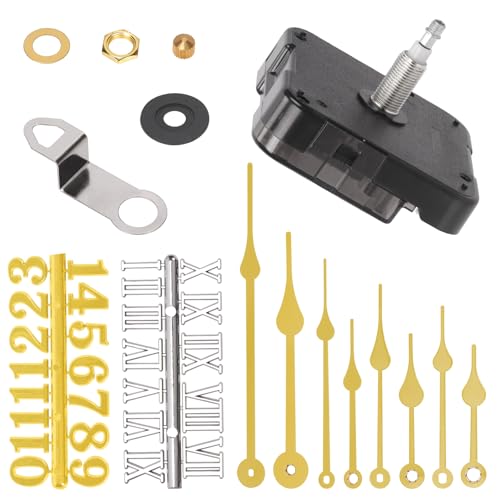 Glarks 12pcs 28MM Golden High Torque Long Shaft Clock Movement Mechanism Kit Includes 1pcs Clock Movements with 1pcs Hooks, 4 Different Pairs Clock Hands, 4pcs Mounting Hardware, 2pcs Clock Numerals