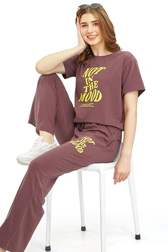 Image of ZEYO Women's Cotton Typography Wide Bottom Night Suit Set of Top & Pyjama