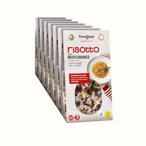 TREVIJANO - Risotto Mediterráneo: 7 bolsas de 280g cada una. Cada bolsa contiene 3 raciones de Risotto compuesto de: arroz, tomate deshidratado, calabacín, ajo, aceitunas, cebolla y orégano