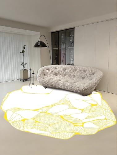 Machine Washable Irregular Rugs 7x10 White Bright Yellow Lines Abstract