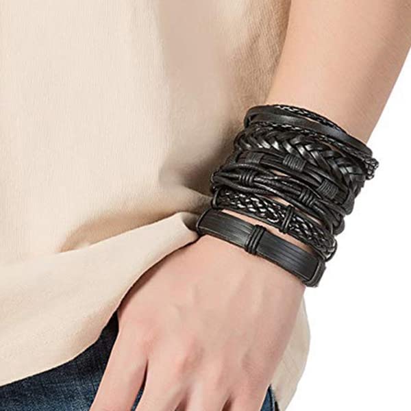 Image of PU Leather Multilayer Black Handcrafted Stylish Unisex Bracelet(set of 6)