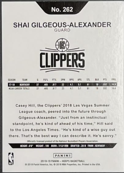2018-19 Panini Hoops Shai Gilgeous-Alexander Holiday Winter Snowflake Parallel Rookie RC Basketball Card #262