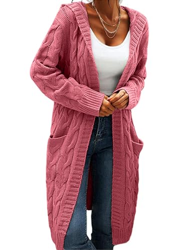 Image of Women Hooded Open Front Cardigan Cable Knit Chunky Long Sweater Coats | solid color, cable knit ,long duster cardigan,chunky coatigan,winter ,falll ,side pockets