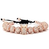 GVUSMIL Rose Gold Luxury CZ Imperial Crown Braided Copper Bracelets with 8mm Micro Pave Cubic Zircon