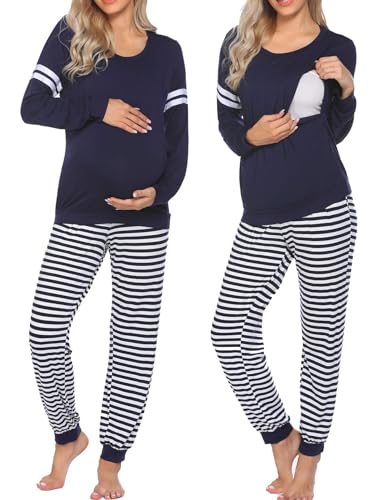 Image of Ekouaer Maternity & Nursing Pajamas Sets Long Sleeve Breastfeeding Top & Bottom Pregnant with Pants for Hospital