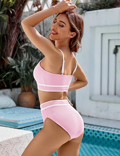 Image of BMJL Women's High Waisted Bikini Ribbed Two Piece Swimsuit High Cut Color Block Adjustable Straps Bathing Suit