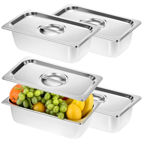 QWORK 4 Pack 1/3 Size Stainless Steel Hotel Pans Set with Lids, 4 Inch Deep, for Buffet, Restaurants & Catering
