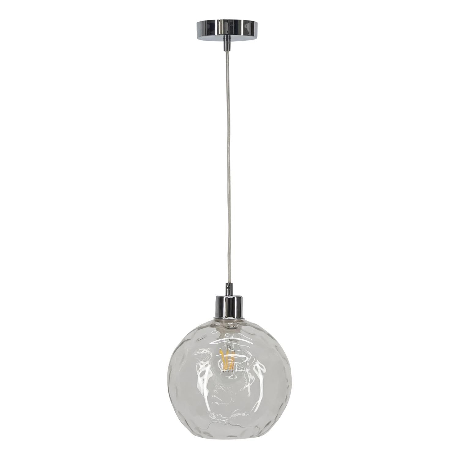 Firstchoicelighting Chrome & Clear Clear Dimple Glass Globe Ceiling Light Pendant With Chrome And Clear Cable, Height Adjustable, Kitchen Island Dining Lighting