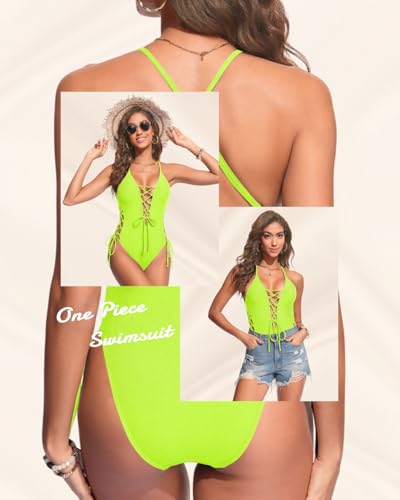 Image of Women Sexy Lace Up One Piece Swimsuit Plunge V Neck High Cut Bathing suits | Deep V, Padded bra, Open back, Cheeky, Texture, Swimwear
