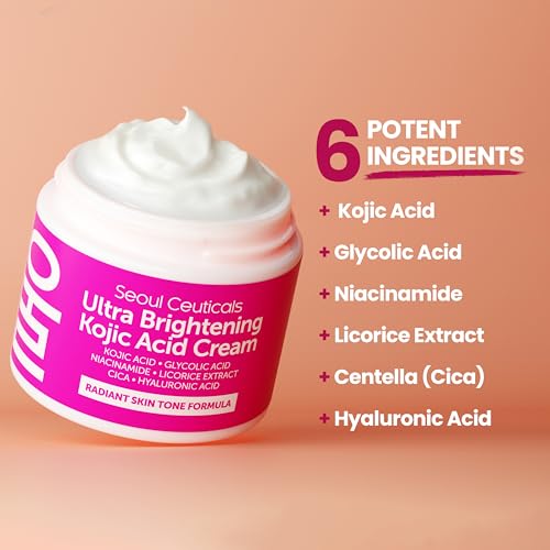 SeoulCeuticals Korean Kojic Acid Cream Dark Spot Remover + Glycolic Acid + Niacinamide + Cica + HA Moisturizer - Cruelty Free K Beauty Skincare 2oz