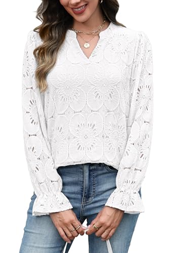 RUMIA Womens Blouses V Neck Eyelet Lace Tops with Lining Dressy Sheer Long Sleeve Shirts Embroidered Blouses 2025 Fashion4