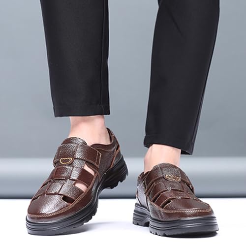 Large size fashion men's solid color retro head layer cowhide leather upper open toe sandals, comfortable non-slip hook-and-loop breathable beach shoes2