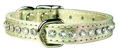 Image of Signature Leather Crystal Dog Collar, Metallic Platinum Solid Grain Leather, Fits 11.5 inch-13.5 inch Neck Size, 16 inch Overall Length