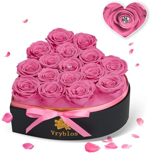 Vryblos 16 Pieces Forever Flower Heart Shape in a Box Preserved Pink Roses for Delivery Grade A Quality 100% Real Immortal Flowers Eternal Birthday for Her Mom Women Wife Girlfriends (Pink)