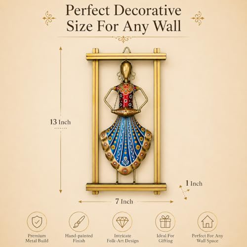 Image of iHandikart Handmade Metal Wall Art| Traditional Rajasthani Lady Wall Hanging Decor | Hand-Painted Iron Wall Sculpture with Stone Work | Home Decor for Living Room & Bedroom Office | 13 x 7 Inch