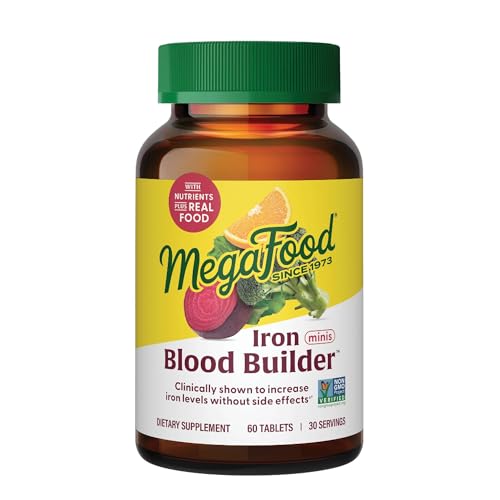 MegaFood Blood Builder Iron Supplement for Women & Men - Increase Iron Levels Without Side Effects - Combats Fatigue - Vitamin B12, Folic Acid & Vitamin C - Vegan - 60 Mini Tablets (30 Servings)