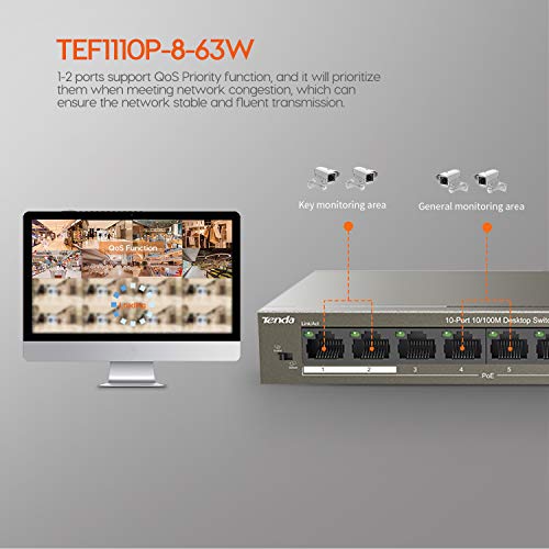 Tenda TEF1110P-8-63W PoE Switch con 10 Puertos Ethernet 100M, 8 Puertos PoE hasta 30 W cada uno y 58 W totales, Protección contra Rayos 6 kV, Plug and Play miniatura 3
