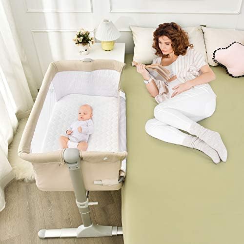 BABY JOY Bedside Bassinet, Co Sleeper Portable Crib w/Travel Bag, Detachable & Washable Mattress, Breathable Mesh, Newborn Infant Baby Bed, Height & Angle Adjustable, Bassinet Bedside Sleeper (Beige)
