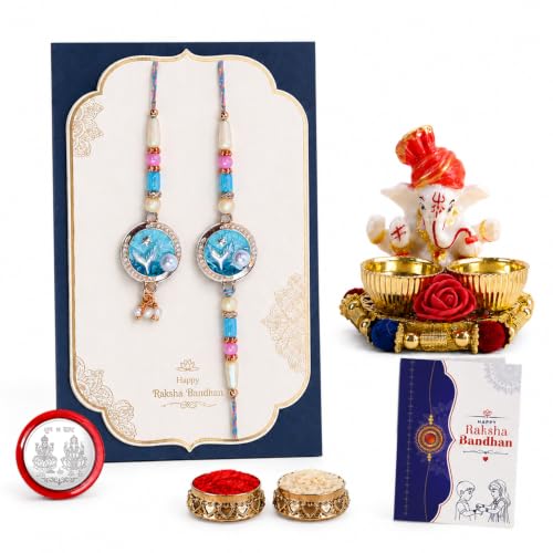 Image of Oblivion Designer Stylish Multicolor Lumba Rakhi Combo for Brother Bhaiya Bhai with Ganesha Thali, Roli Tikka, Silver Color Pooja Coin & Greeting Card | Raksha Bandhan Festival Gift Set | Pack of 5
