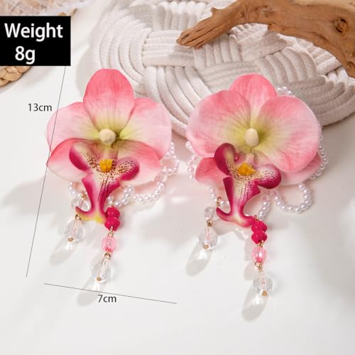 Orchid Earrings For Women, Bohemian Pink Large Butterfly Flower Tassel Artificial Pearl Petal Dangle Earrings Elegant Beach Party Gift Jewelry2