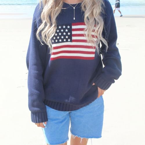 Image of Womens American Flag Sweater Long Sleeve Crew Neck Star Graphic Knit Pullover Tops Casual Loose USA Sweater
