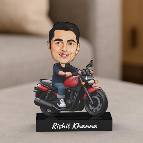 MakerTech Gifting Engineered Wood, Acrylic Avataar Studio Personalized Gift Tabletop Father Character Caricature Rectangular Photo Frame Unique Design Motorcycle Rider - 1 (STAND 7 INCHES)