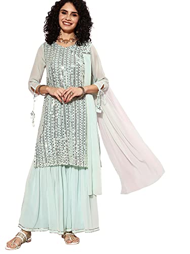 Image of INDO ERA Women's Poly Georgette Striped Embroidered A-line Kurta Sharara With Dupatta Set (22YYY4801 Blue XS To 2XL-Size)
