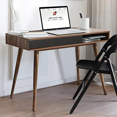 Artswish Office Desk Mid Century Modern Desk Writing Desk with Drawer Simple Home Office Desk Mid Century Desk, Walnut Cover