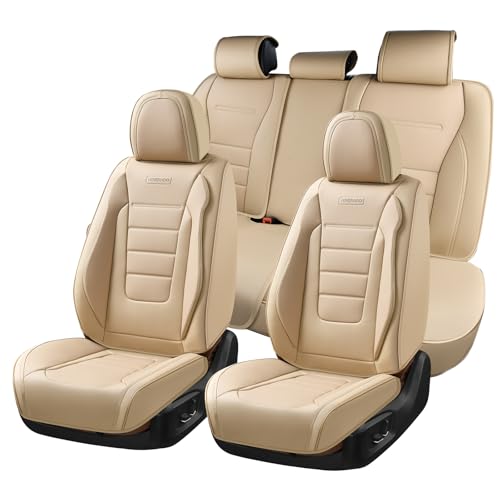 Image of Coverado Front and Back Seat Covers for Cars, Nappa Leather Car Seat Covers, Automotive Seat Covers for Trucks, 5 Seats Waterproof Carseat Protector Car Seat Cover Beige, Universal Fit for Most Cars