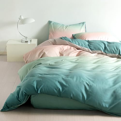 Soifox Double Duvet Set Microfiber Double Bedding Set with 2 Pillowcases, Breathable Reversible Green Pink Duvet Double Cover Set with Zipper Closure, 3Pcs, 200x200cm
