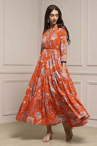 Image of Biba Women's Cotton 3 /4 Sleeves Calf Length Band Collar A-Line Floral Printed Casual Dress