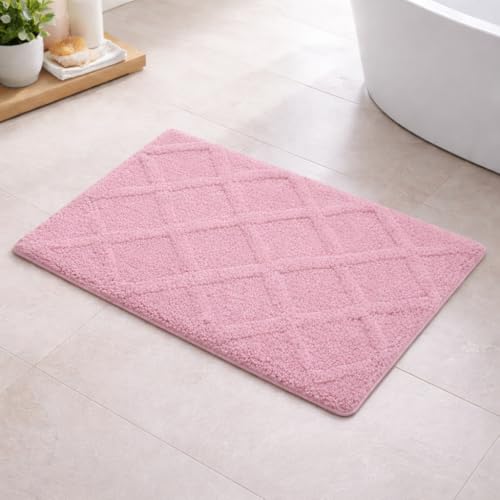 Image of Premium Combed Cotton Tufted Bathmat 45 x 65 cm, 1800 GSM Soft Absorbent Anti Skid Bathroom Floor Mat with Latex Backing, Quick Dry Non Slip Bath Rug for Shower & Daily Use, Diamond Rose