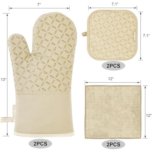 KEGOUU Oven Mitts and Pot Holders 6pcs Set, Kitchen Oven Glove High Heat Resistant 500 Degree Extra Long Oven Mitts and Potholder with Non-Slip Silicone Surface for Cooking (Beige)