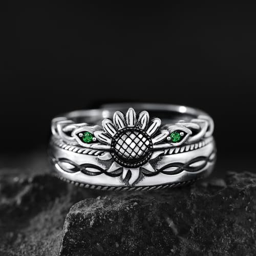 Promise Ring for Couples Wedding Engagement Band Emerald Sunflower Matching Rings Him and Her Sterling Silver Adjustable Couple Jewelry4