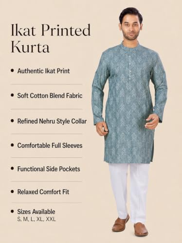 Image of Studio Shringaar Men's Cotton Blend Relaxed Fit Ikat Printed Knee Length Kurta