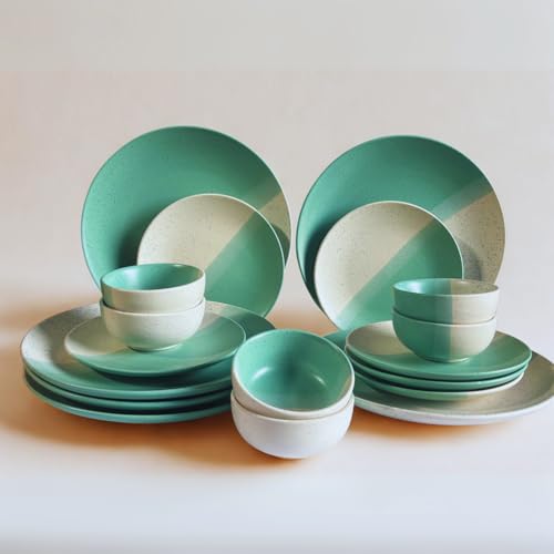 Image of Ceramic Dinner Set 18-Piece Dual Tone Mint Green & Beige Speckled 6 Dinner Plates, 6 Quarter Plates & 6 Bowls