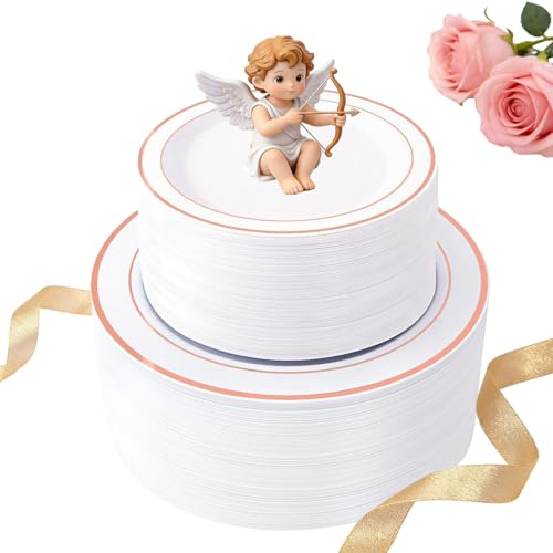 WDF 120 pieces Rose Gold Plates Disposable - Heavy Duty Rose Gold Plastic Plates Perfect for Valentines Day, Mother's Day, Wedding, Birthday