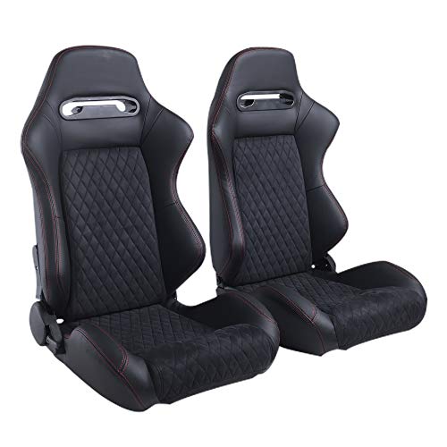 Racing Seats, Pair of PVC with Suade Material Racing Bucket Seats with Dual Sliders, Black with Red Stitching