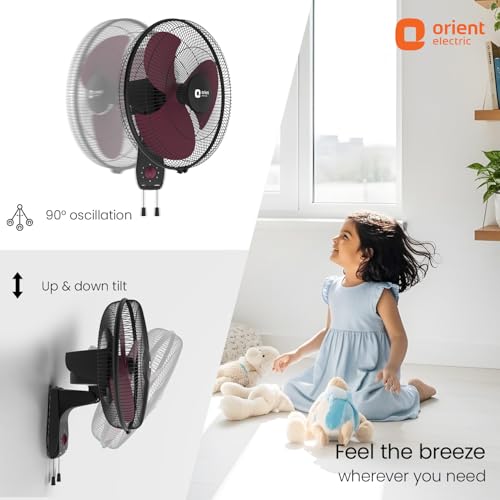 Image of Orient Electric Wall 97 | High Speed Wall Fan for Home | 100% Copper Motor | 90 Degree Oscillation with Tilt Mechanism | 3 Speed Pull Cord | Thermal Overload Protection | Military Grade Guard | Red