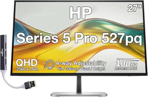 Image of HP Series 5 Pro 527pq 27 inch QHD IPS Monitor with 5ms Response Time, Anti Glare, Flicker Free, Pivot, VESA Mount (100mm), Displayport, HDMI & Dockztorm USB Port Expander, Silver /Black (9D9S0UT#ABA)